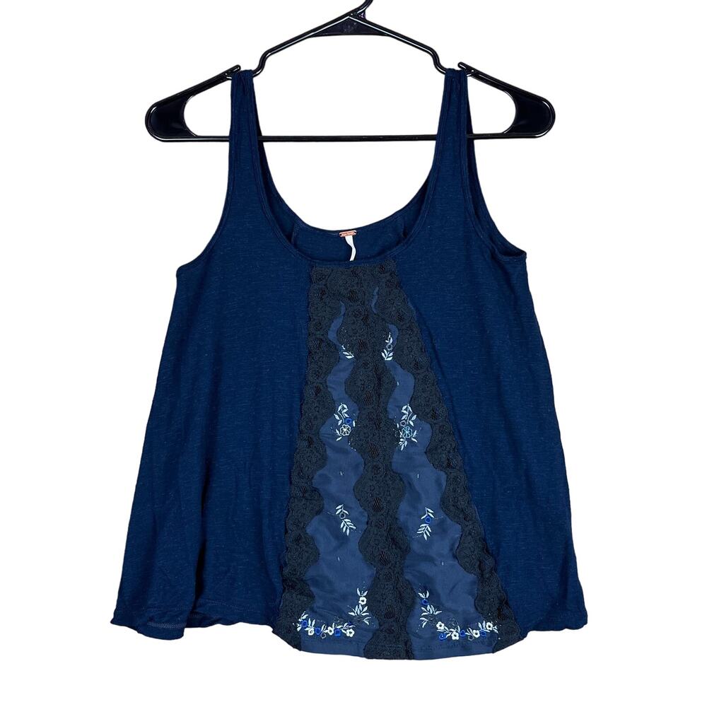 Free People Womens Tank Navy Blue Lace Front Rayon Linen Sleeveless Small